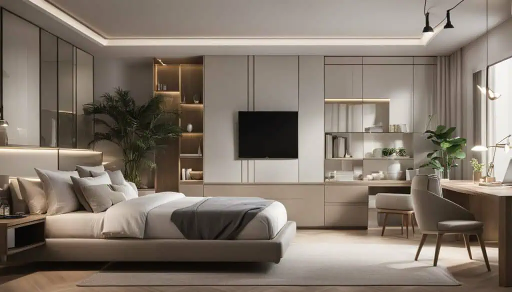 Elegant modern bedroom with minimalist furniture and ambient lighting.