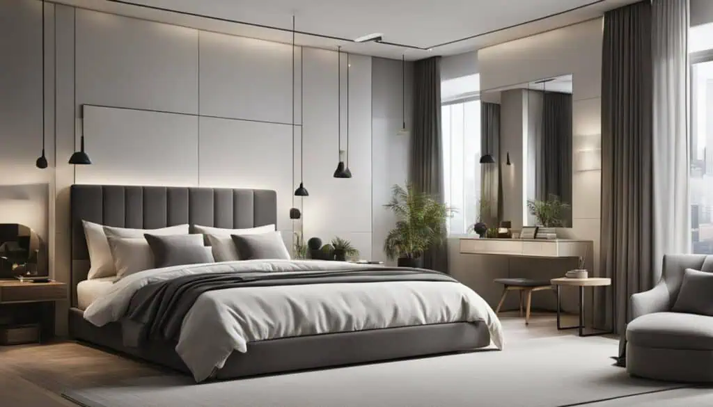 Elegant modern bedroom with stylish furniture and ambient lighting.