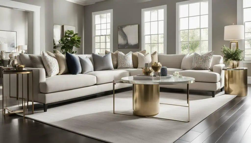 Elegant living room with contemporary furniture and large windows.