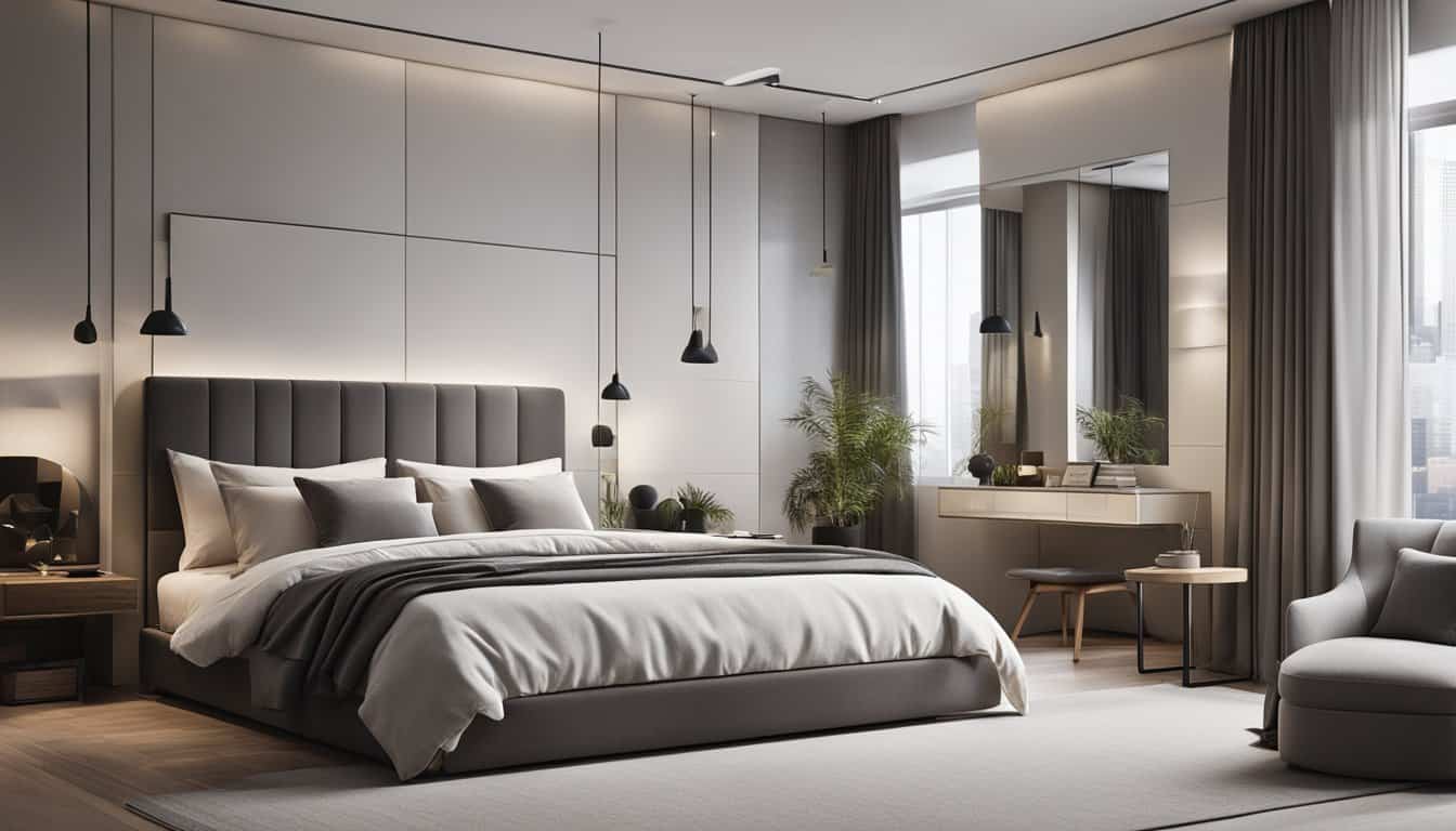 Elegant modern bedroom with stylish furniture and ambient lighting.