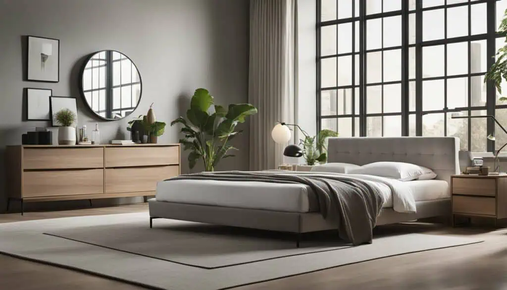 Elegant bedroom featuring minimalist design, natural light, and contemporary furniture.