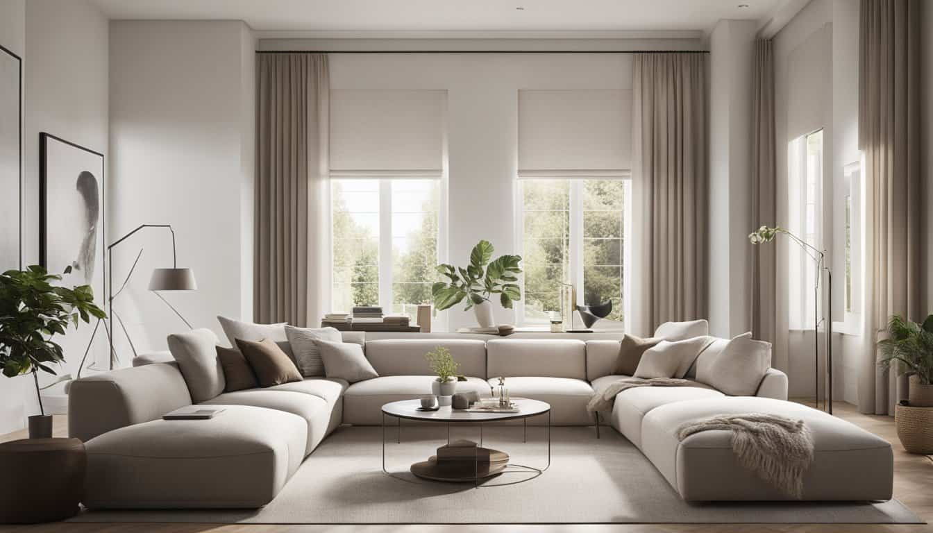 Elegant living room with neutral tones and natural light.