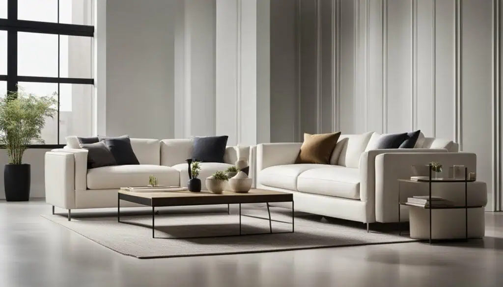 Stylish living room featuring white sofas, neutral tones, and contemporary design.