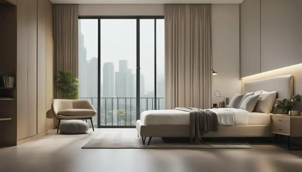 Elegant bedroom interior featuring large windows, neutral tones, and contemporary furnishings.