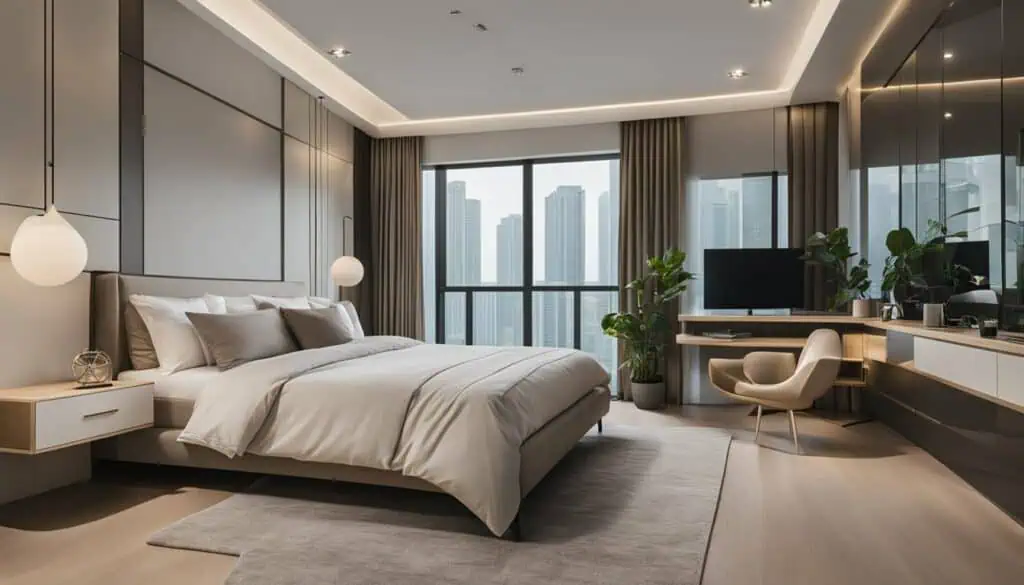 Elegant bedroom with city skyline view, contemporary decor, and natural light.