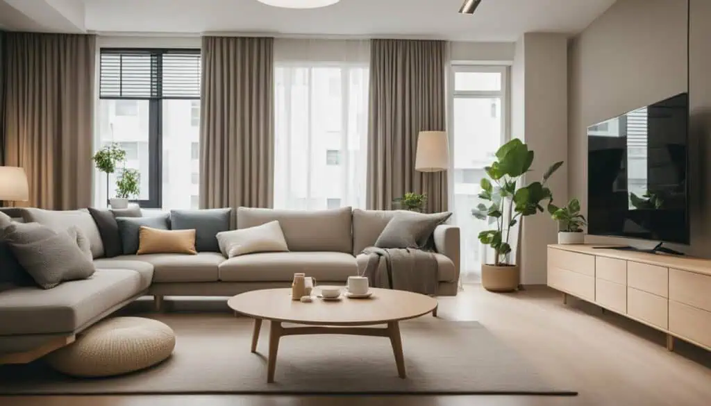 Bright living room with large windows, neutral tones, and modern furniture.