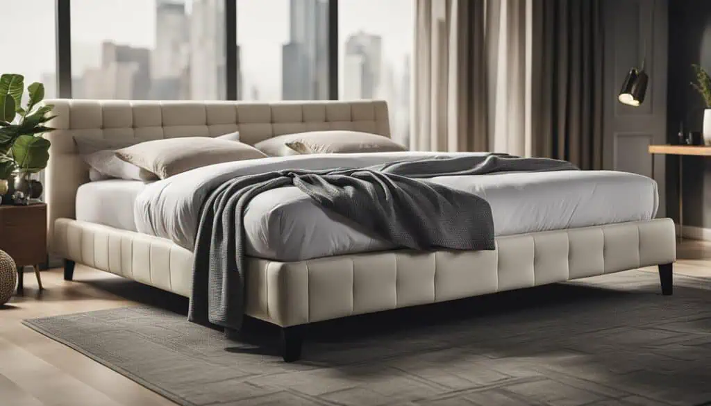 Elegant beige upholstered bed with plush bedding in a contemporary bedroom.
