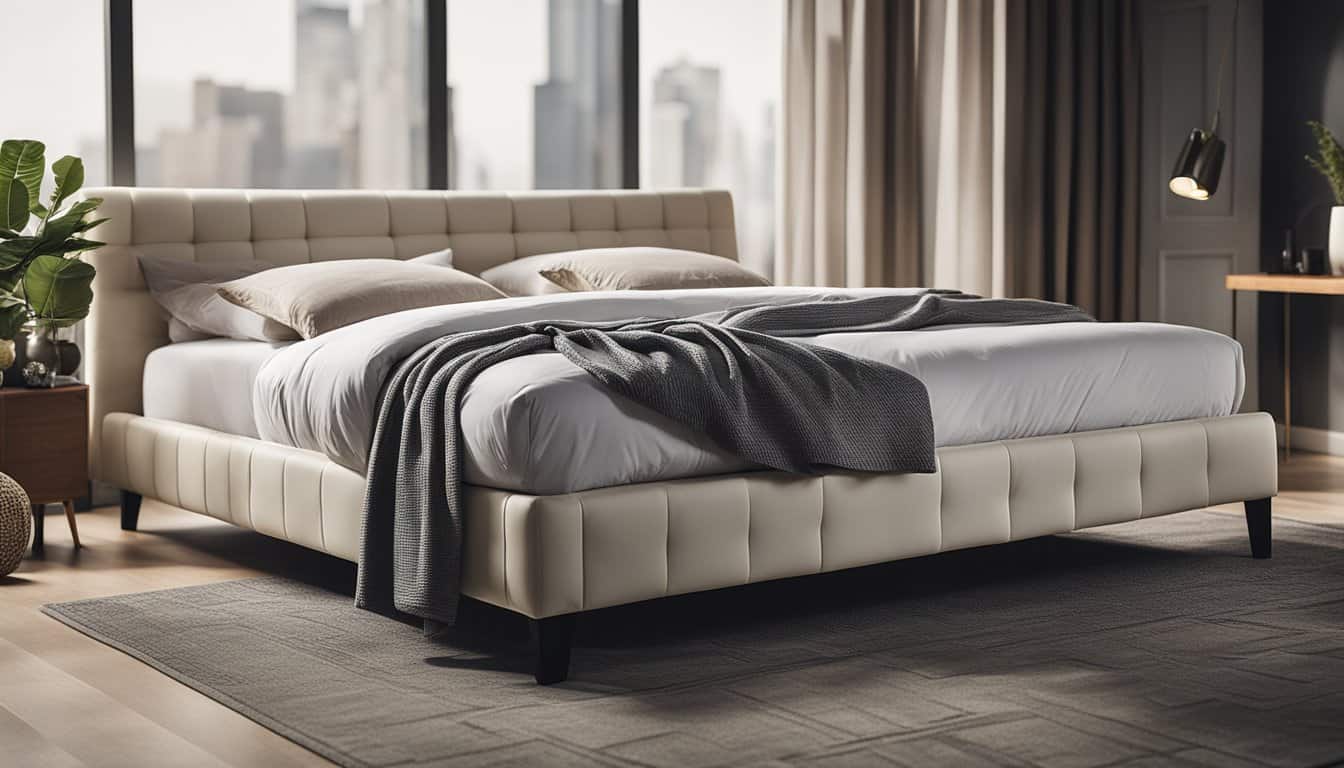 Elegant beige upholstered bed with plush bedding in a contemporary bedroom.