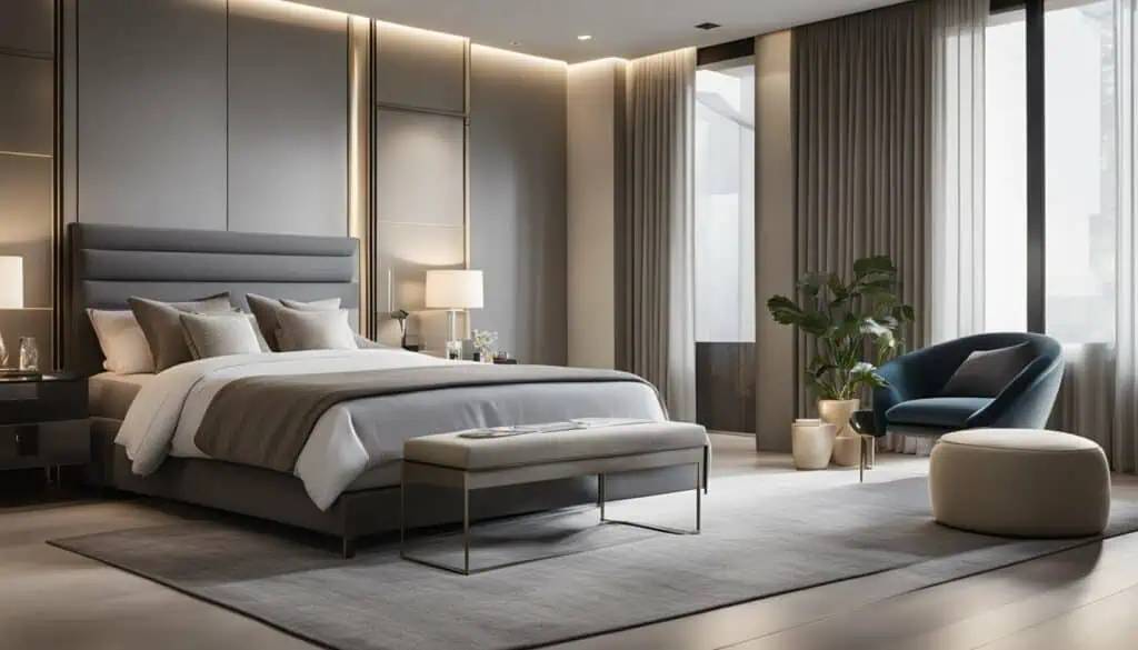 Luxury hotel bedroom with modern furnishings and natural light.