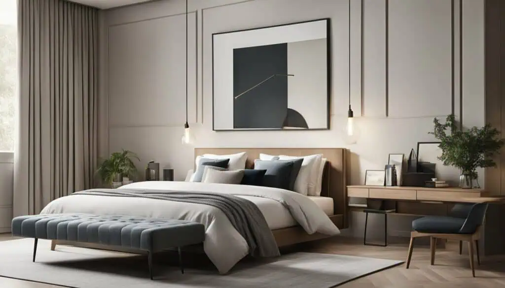 Stylish modern bedroom with minimalist decor and ambient lighting.