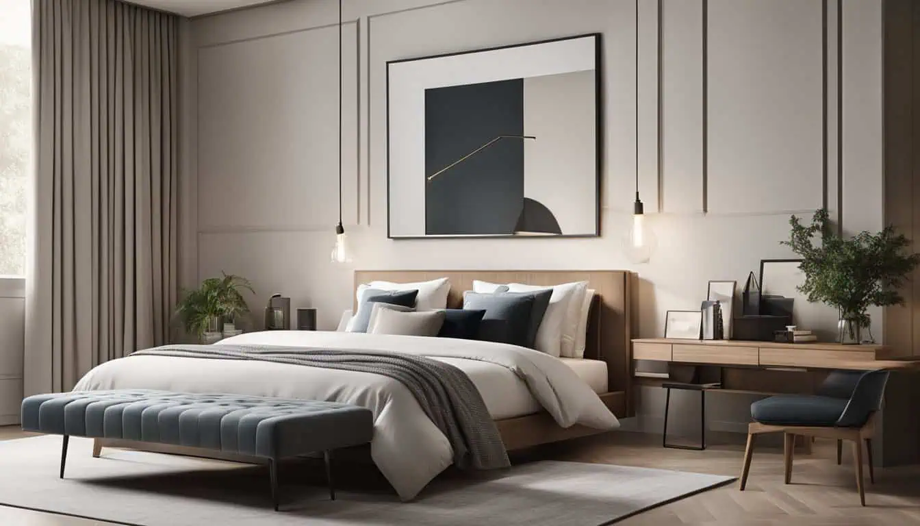 Stylish modern bedroom with minimalist decor and ambient lighting.