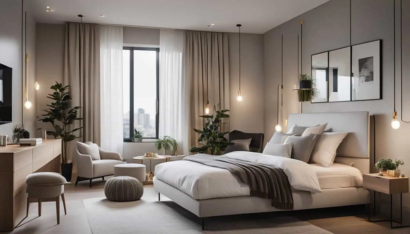 Bright and airy bedroom featuring contemporary decor and large window views.