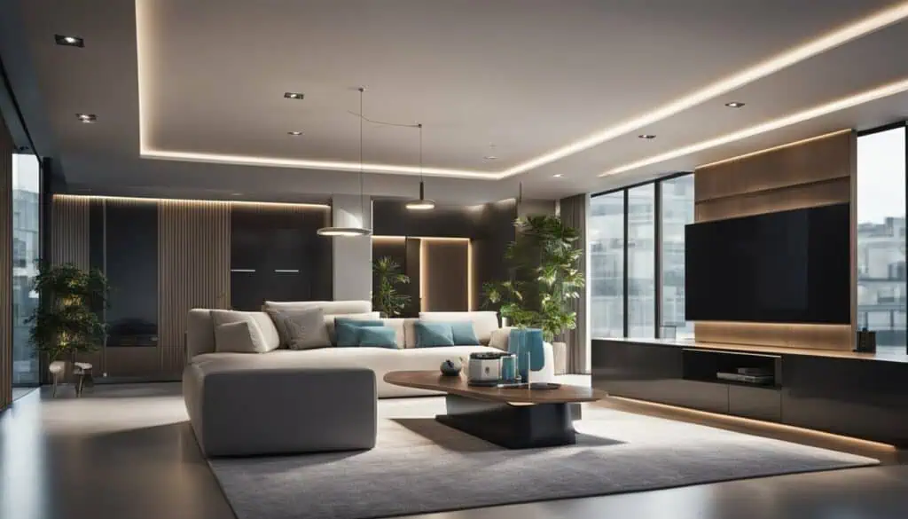 Elegant contemporary living room with stylish furniture and large windows.