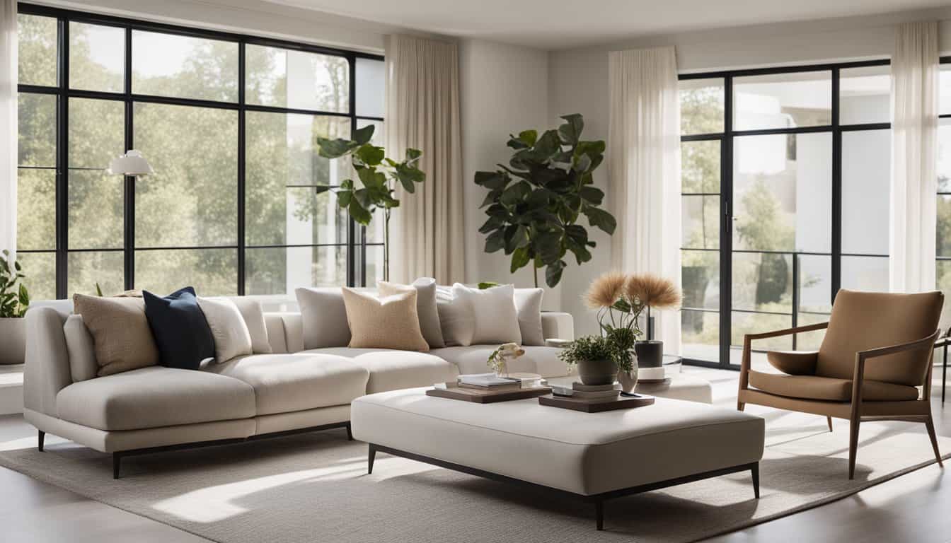 Bright living room featuring large windows, comfortable sofa, and elegant decor for a welcoming atmo.