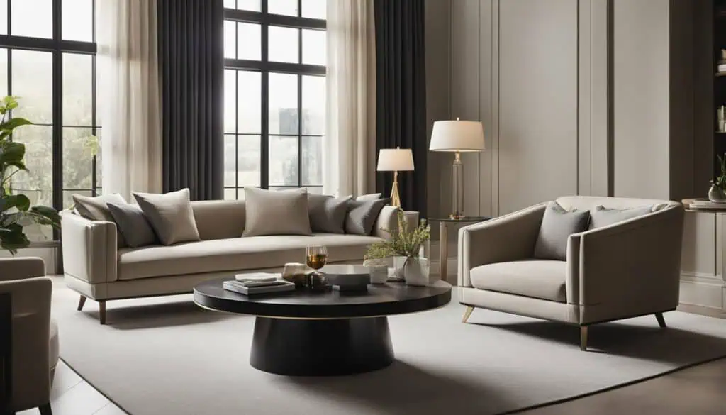 Elegant living room with contemporary sofas and natural light from large windows.