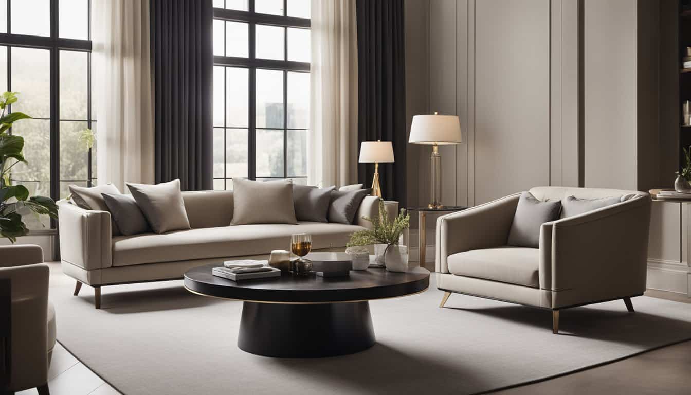 Elegant living room with contemporary sofas and natural light from large windows.