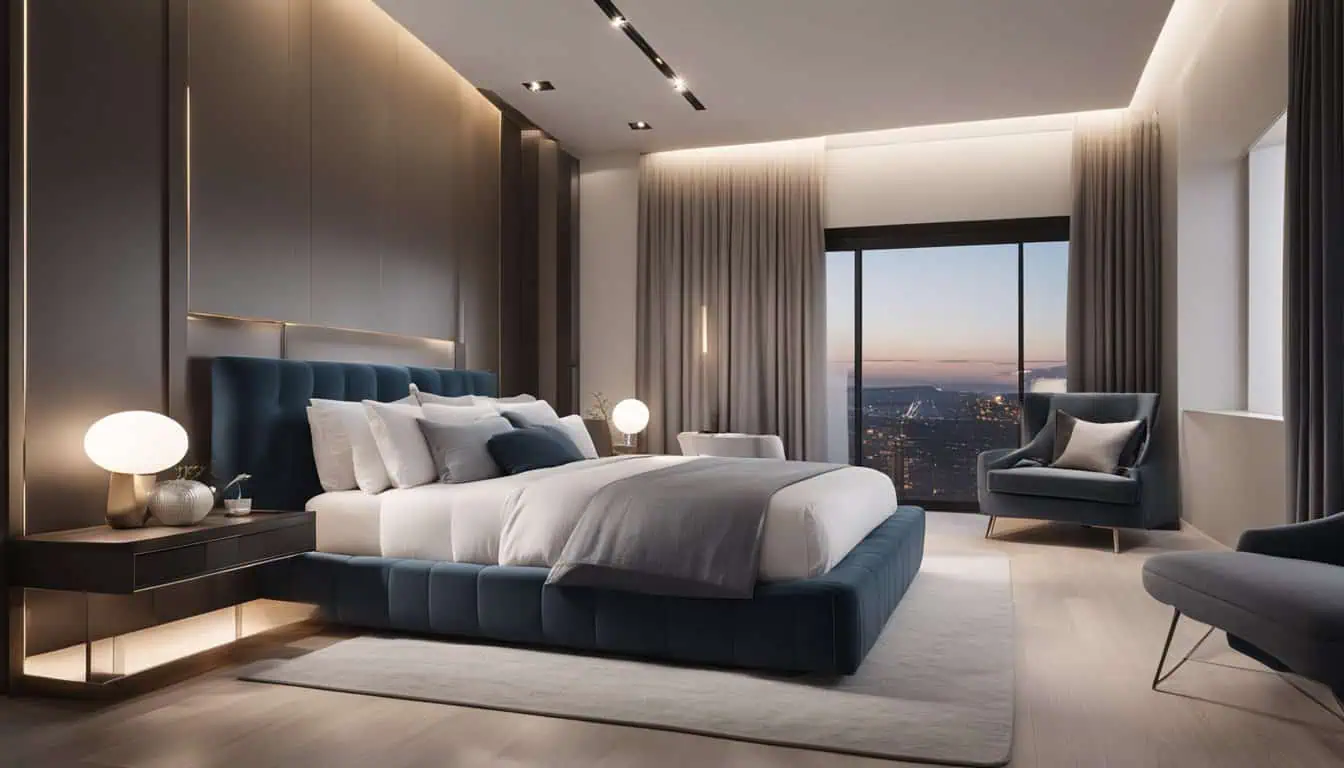 Luxury bedroom with city skyline view, modern decor, and elegant furnishings at TAG studio.