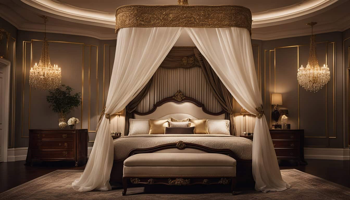 Luxurious bedroom featuring a canopy bed, elegant drapes, and sparkling chandeliers for sophisticate.