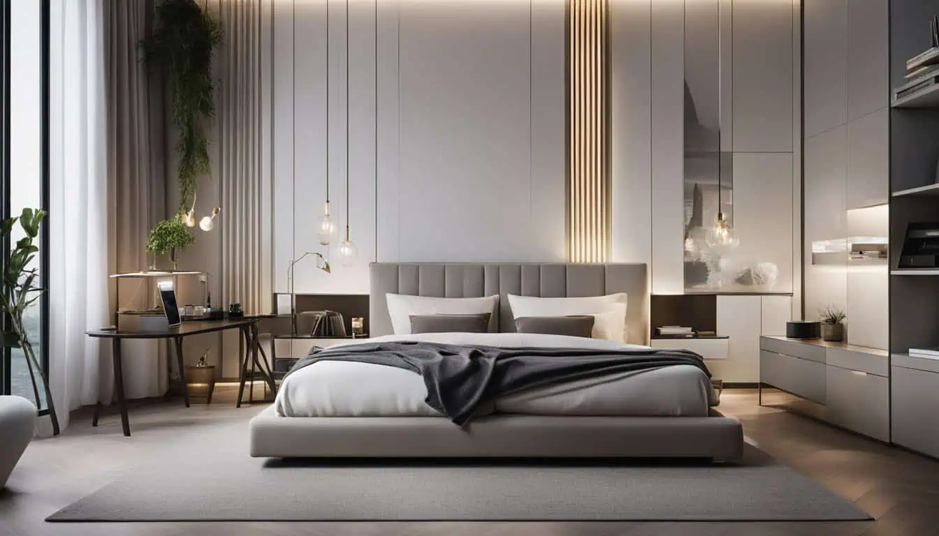 Stylish bedroom with contemporary decor, plush bedding, and large windows for a bright, inviting atm.