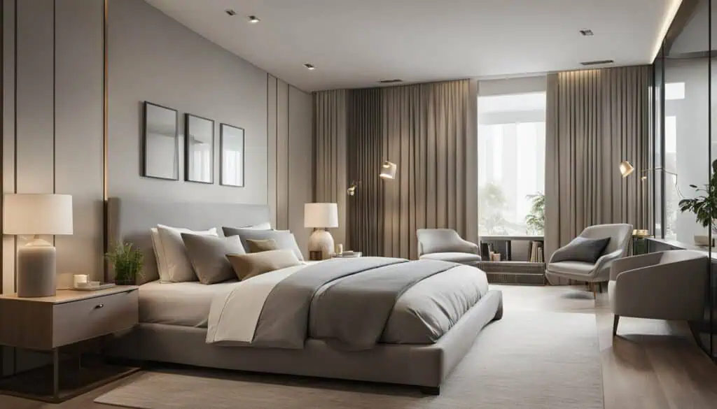 Stylish modern bedroom with neutral tones, large windows, and contemporary decor.