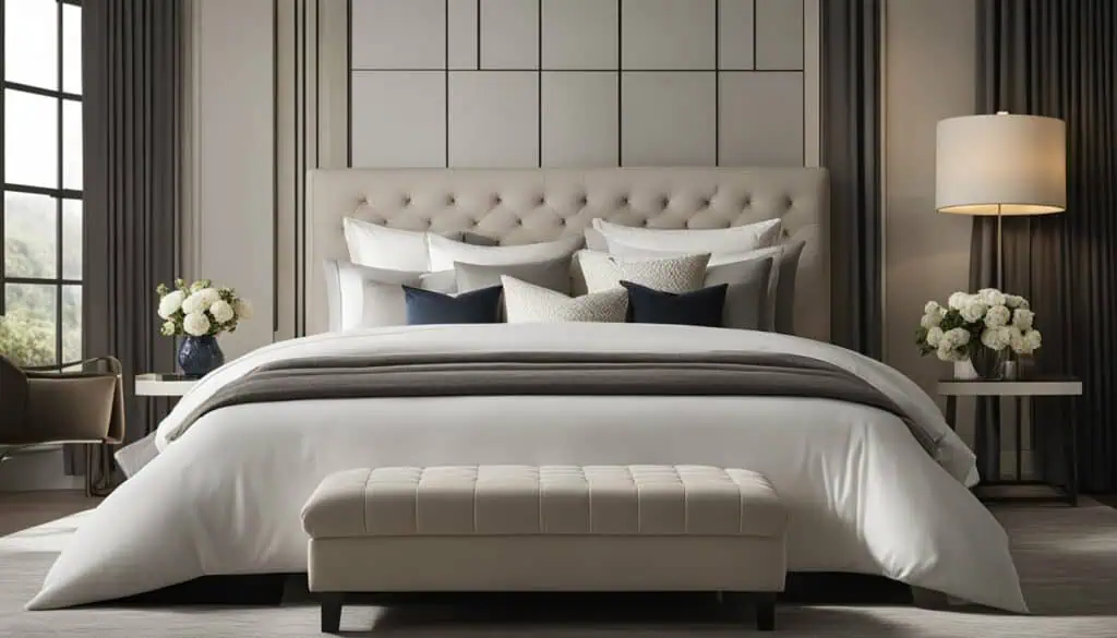 Luxurious bedroom interior featuring a tufted headboard, stylish bedding, and contemporary decor.