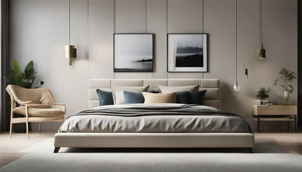 Elegant minimalist bedroom with neutral tones and contemporary decor.