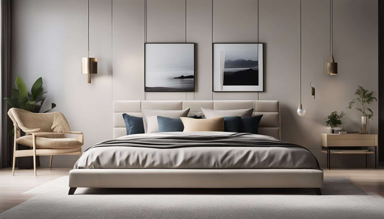Elegant minimalist bedroom with neutral tones and contemporary decor.