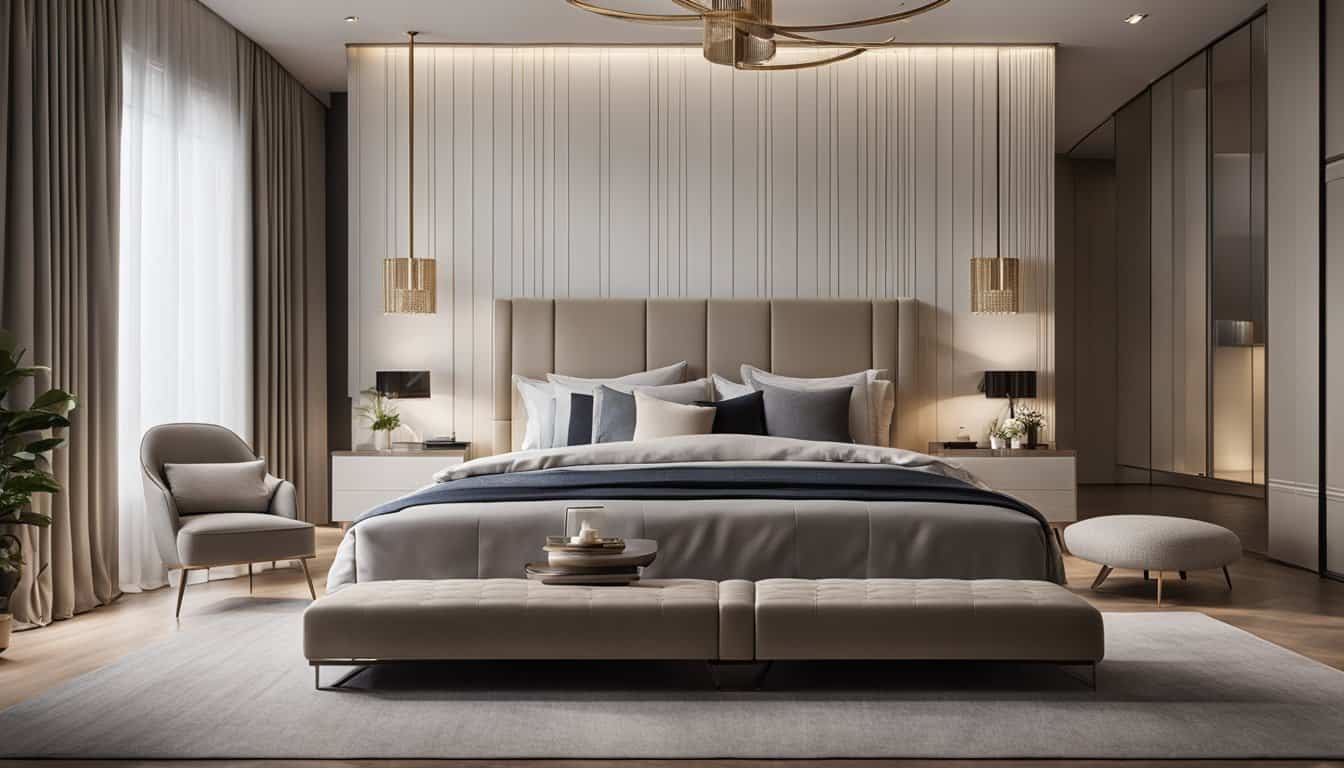 Luxurious bedroom interior with contemporary decor, neutral tones, and stylish furniture by The Arch.