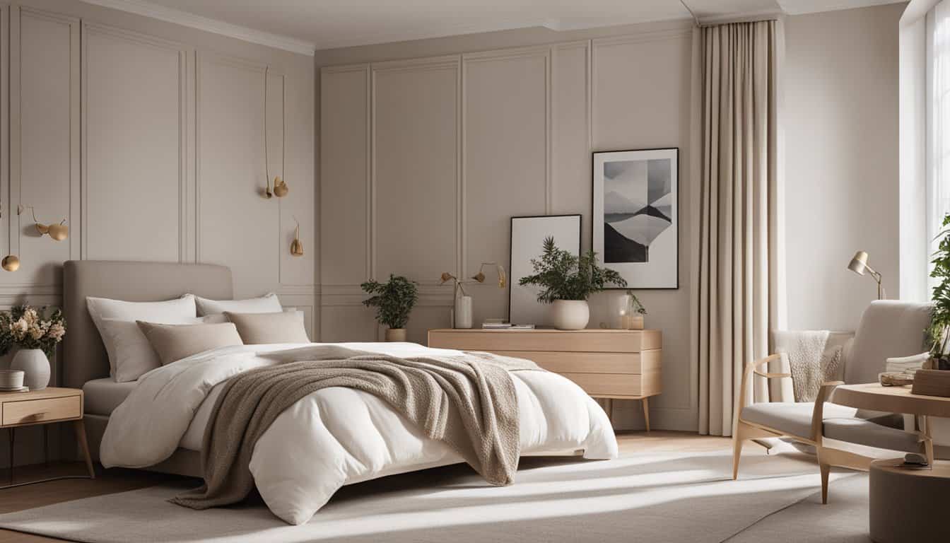 Elegant bedroom with neutral tones, modern decor, and natural light.