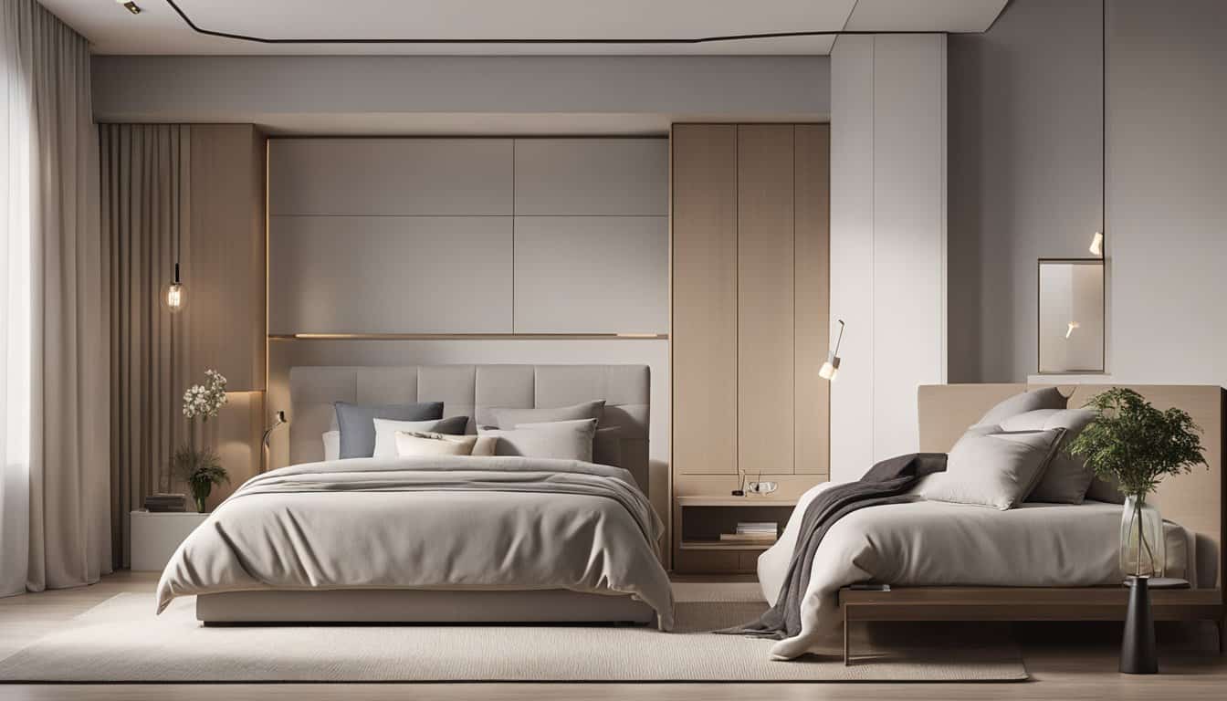 Elegant bedroom with contemporary decor, soft lighting, and cozy ambiance.