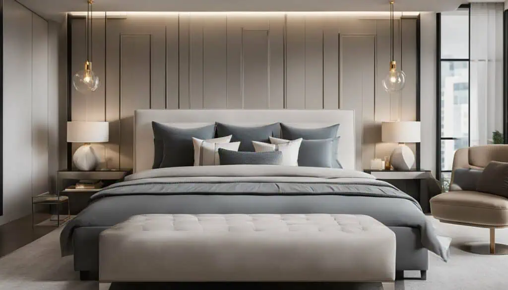 Stylish modern bedroom with neutral tones and contemporary decor.