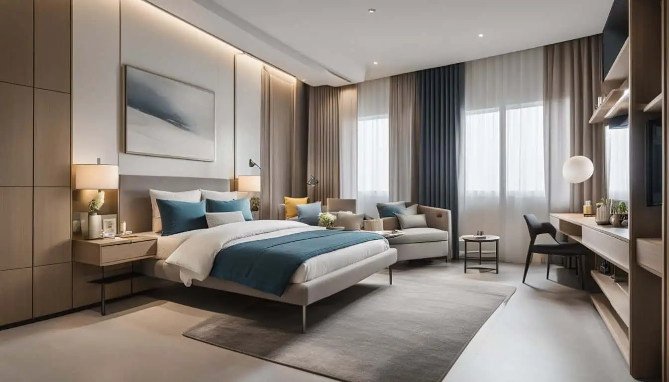 Elegant modern bedroom with stylish decor and large windows.
