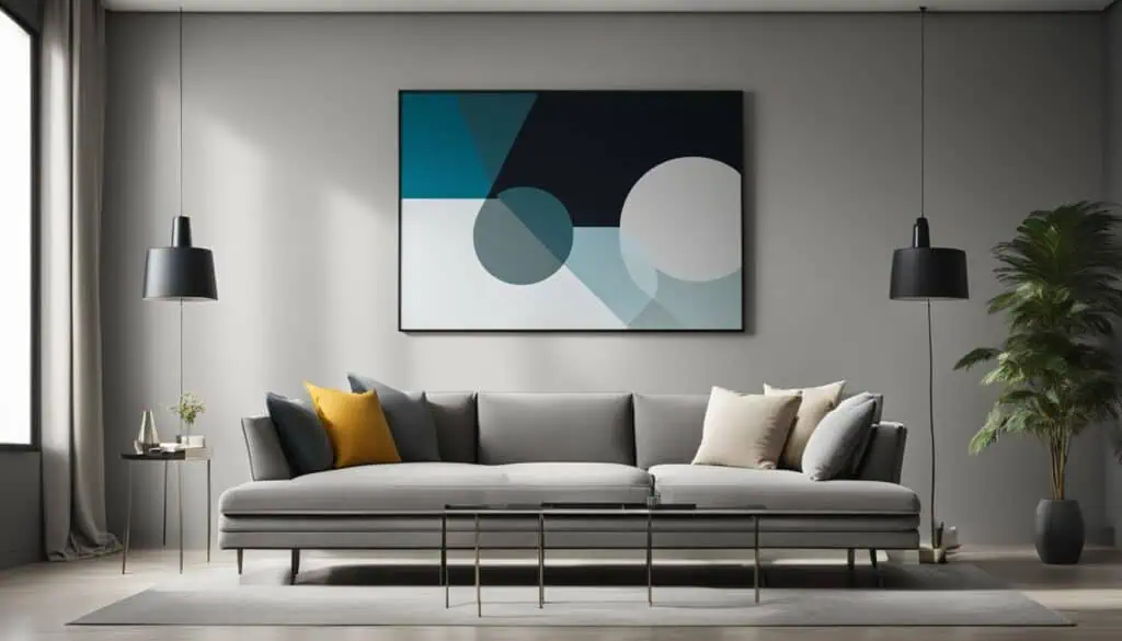 Contemporary living room featuring minimalist decor and abstract wall art.