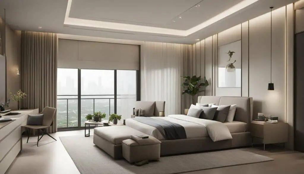 Elegant bedroom with city skyline view, contemporary design, and sophisticated furnishings.