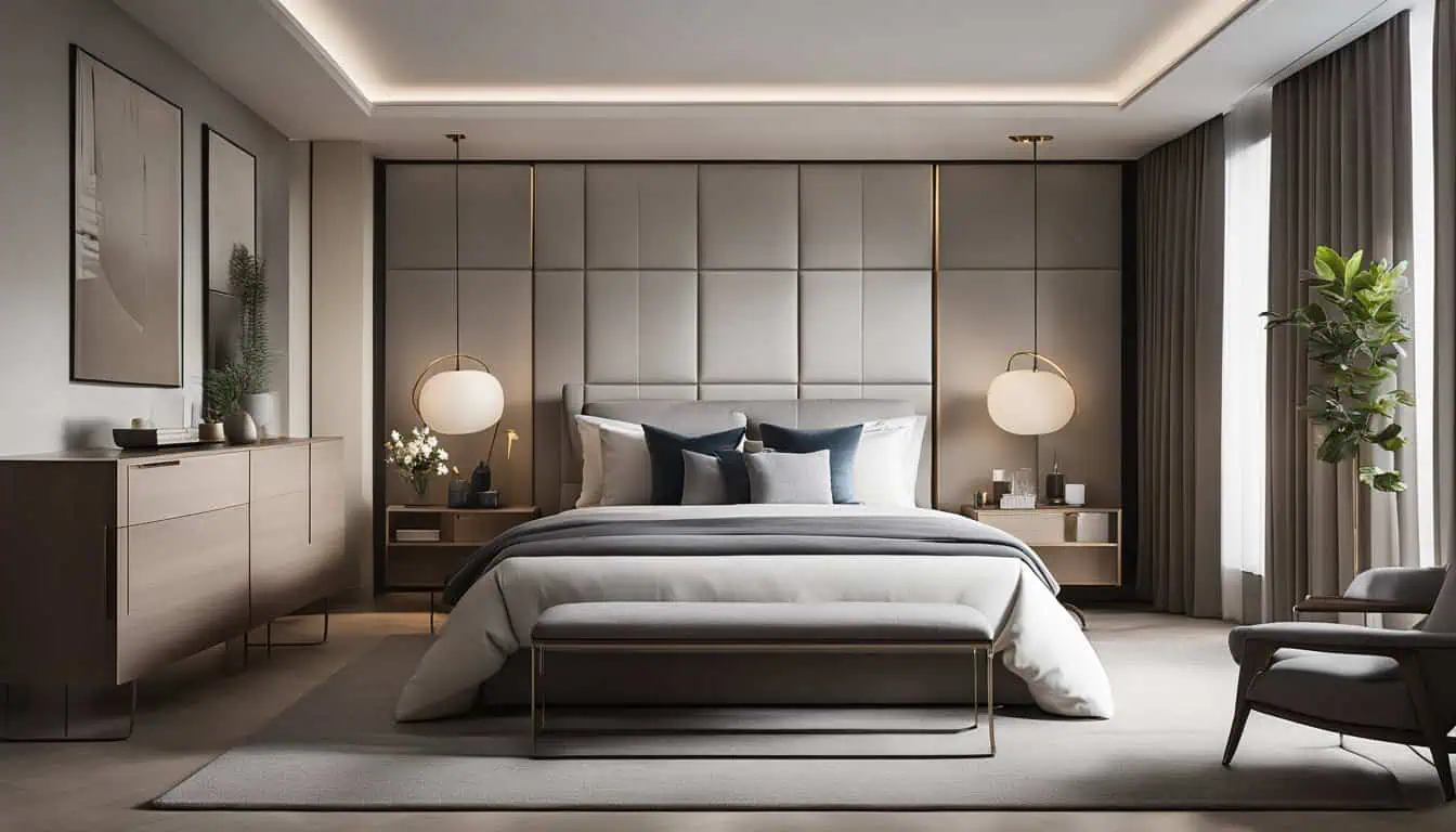 Stylish modern bedroom with neutral tones, soft lighting, and contemporary furniture design.