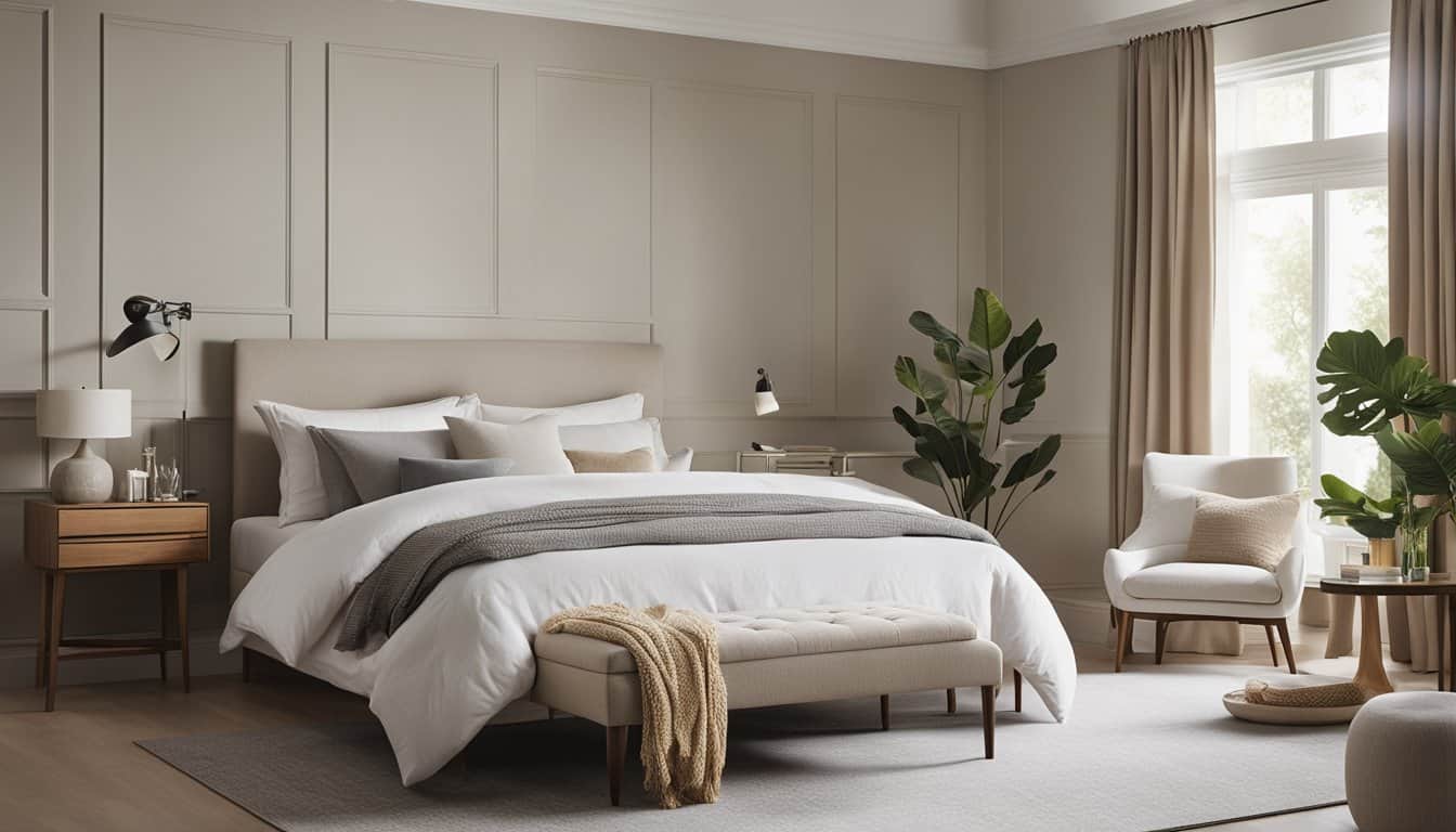 Elegant bedroom with minimalist design, cozy bedding, and lush green plants for a relaxing atmospher.
