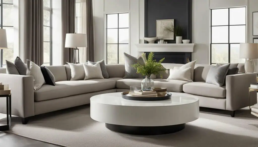 Stylish living room with neutral tones, large windows, and contemporary furniture.