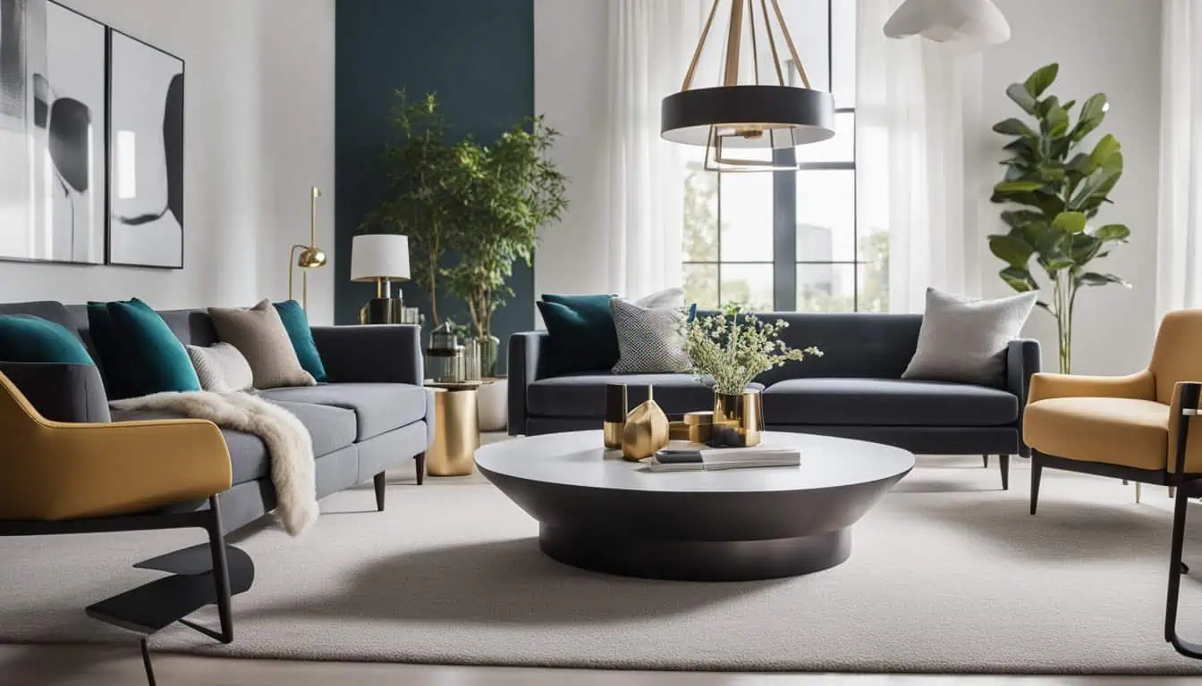 Stylish living room with contemporary furniture, large windows, and lush indoor plants.
