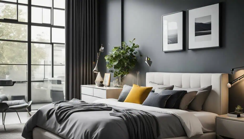 Stylish bedroom with contemporary furniture and natural light from large windows.