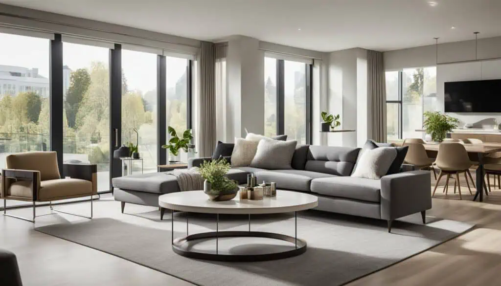 Spacious contemporary living room featuring large windows, elegant furniture, and natural light.