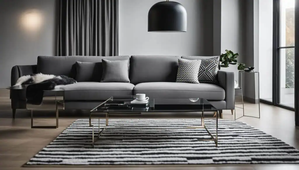 Stylish modern living room featuring a gray sofa, black pendant light, and contemporary decor.
