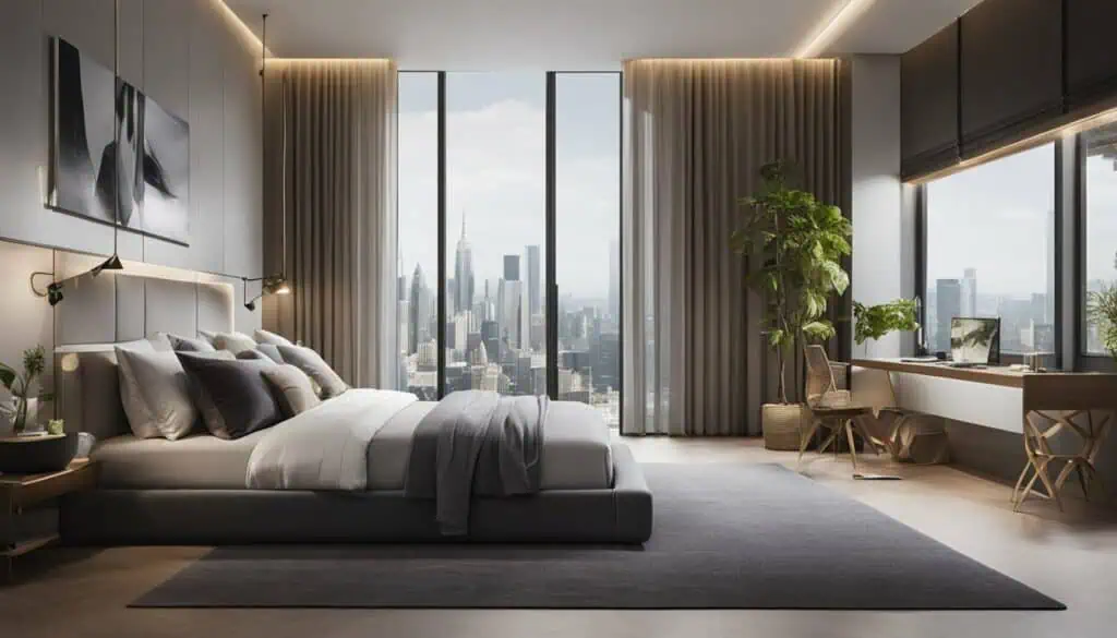 Elegant bedroom featuring large windows and city skyline backdrop.