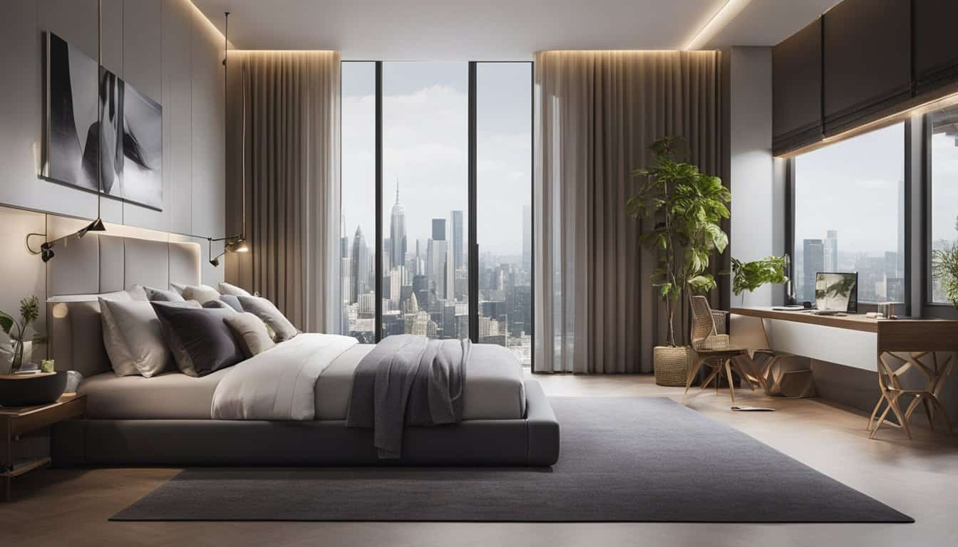 Elegant bedroom featuring large windows and city skyline backdrop.