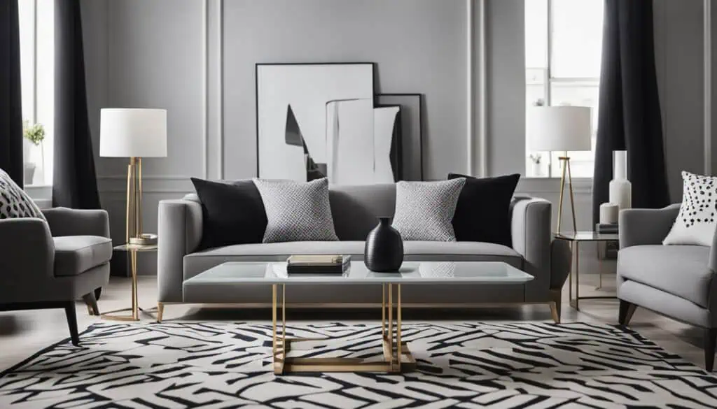 Stylish monochrome living room featuring contemporary furniture and artistic wall decor.