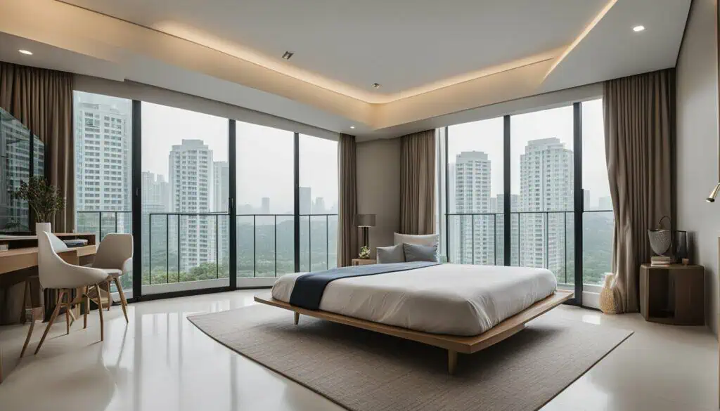 Luxury bedroom with floor-to-ceiling windows overlooking urban skyline.