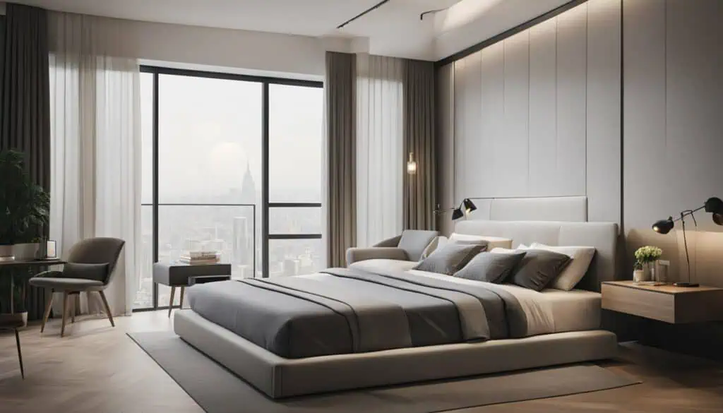 Stylish bedroom in Singapore with large windows and city skyline view.