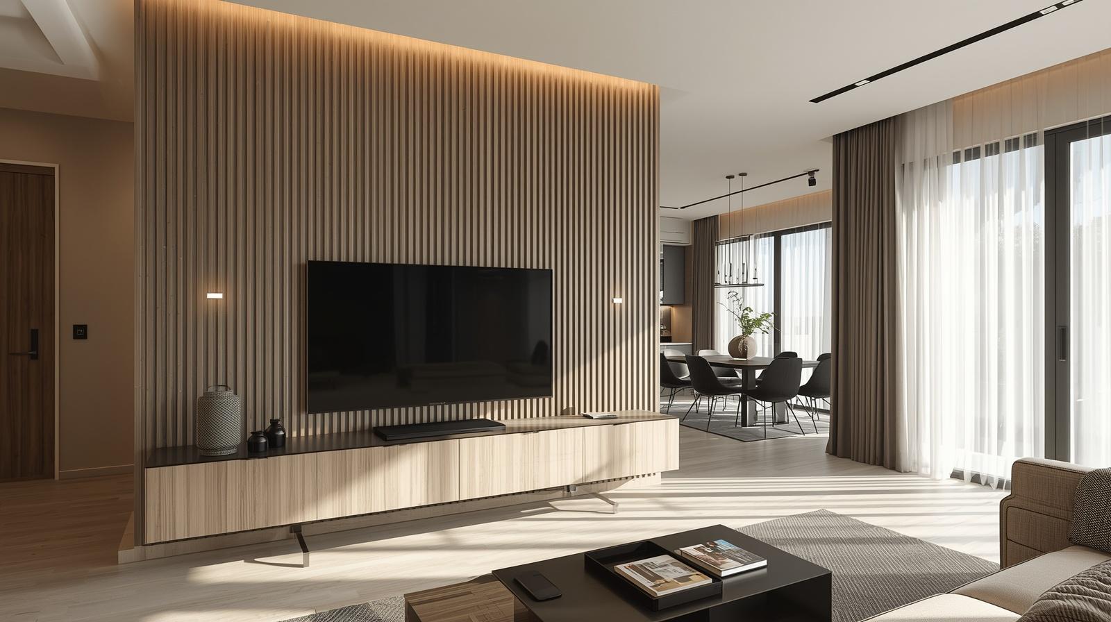 Modern contemporary living room in Singapore with clean lines, neutral tones, warm wood accents, and floor-to-ceiling windows