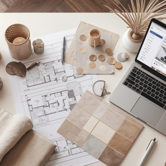 Two interior design professionals reviewing renovation blueprints and material samples in a modern office, representing partner firms on the Wondrous La Vie platform.